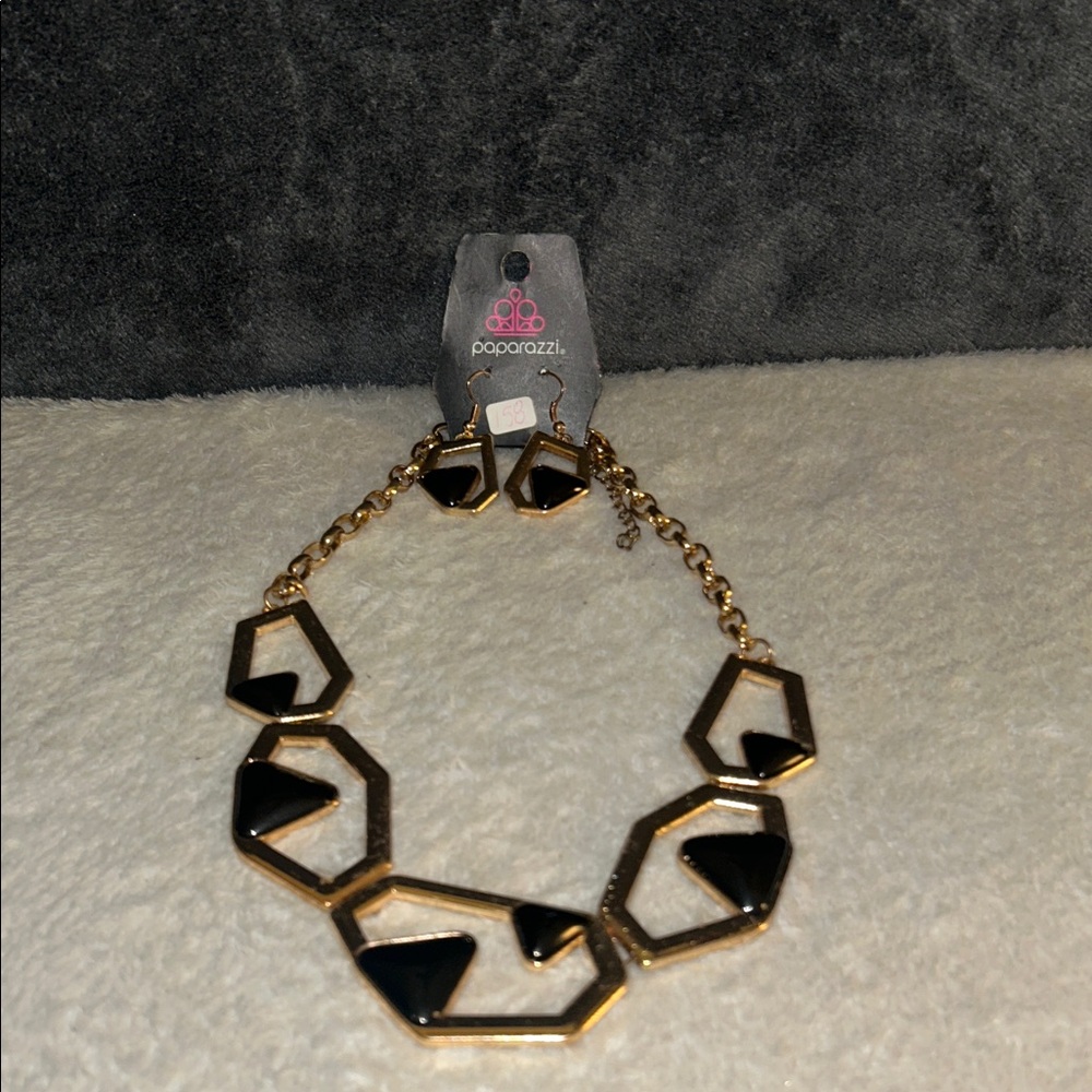 Paparazzi Black and Gold Hexagon Necklace Set